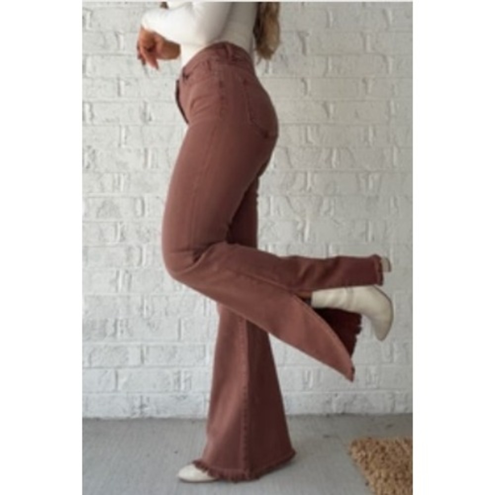 Just Peachy Risen High Rise Side Slit Flare Jeans Espresso Brown Size 29 RDP5433